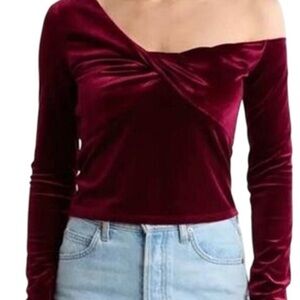 Elodie Wine Velvet Asymmetrical short long sleeve  Blouse